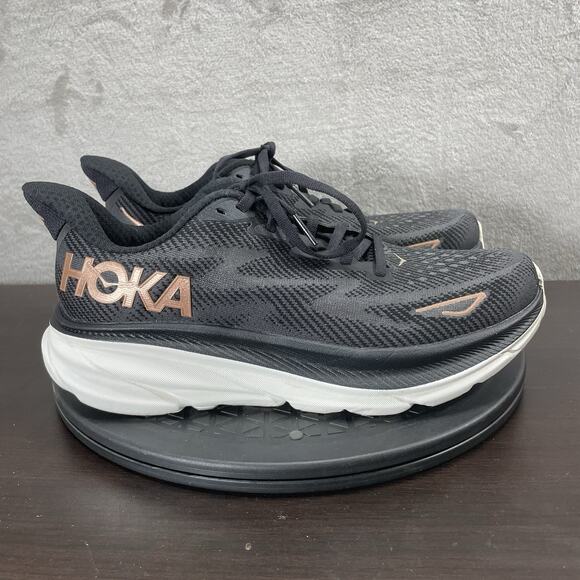 Hoka One One Womens Size 8 Wide Clifton 9 Black Lace Up Athletic Running Shoes - Picture 1 of 11